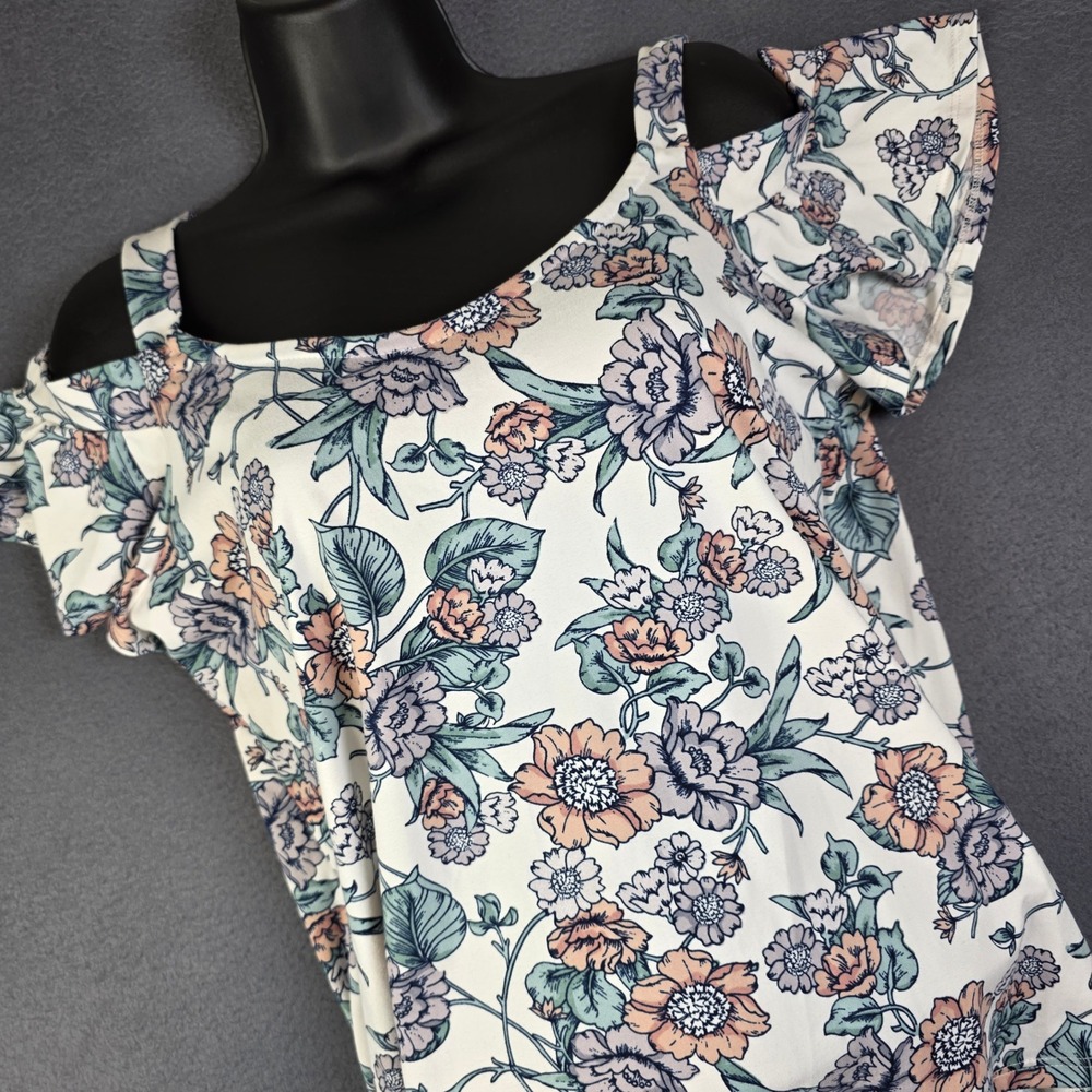 Colette Floral Cold Shoulder Top Women Medium White Excellent Ruffle Sleeve